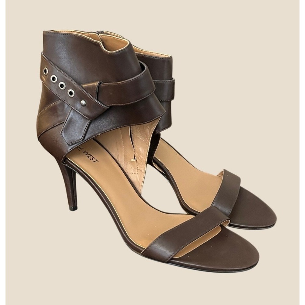 Nine West NWITGERL Brown Leather Ankle Wrap Grommet Stiletto Sandals Mens 10M